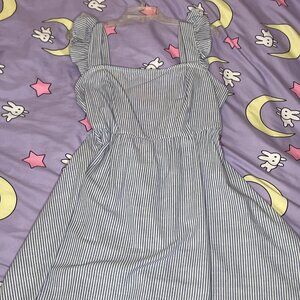 Ruffle Trim Tie Back Apron Striped Dres
